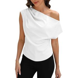 CUPSHE Women’s Tops Asymmetrical Off-Shoulder Shirt Sleeveless Ruching Satin Blouses Elegant Trendy Dressy(1-white)