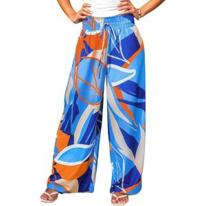 CUPSHE Womens Wide Leg Pants Elastic High Waisted Beach Trousers Cotton Linen Summer Palazzo(Abstract Blue)