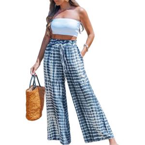 CUPSHE Womens Wide Leg Pants Elastic High Waisted Beach Trousers Cotton Linen Summer Palazzo(Tie Dye Blue)