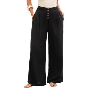 CUPSHE Women’s Wide Leg Pants, Summer Casual High Waist Button Palazzo Beach Pants with Pocket(Black)