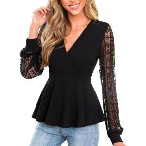 CUPSHE Womens Wrap Tops Eyelet Lace V Neck Long Floral Sleeve Blouse Casual Hollow Out Loose Trendy Dressy(Black)