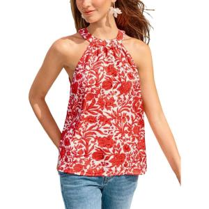 Women’s Floral Top High Neck Boho Sleeveless Shirt Loose Fit Summer Beach Vacation Tank Top(Red)