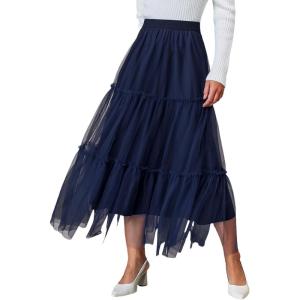 Women’s Long Maxi Tulle Skirts Dressy A-Line Puffy Fairy High Waist Mesh Skirt Party Vacation(Navy Blue)