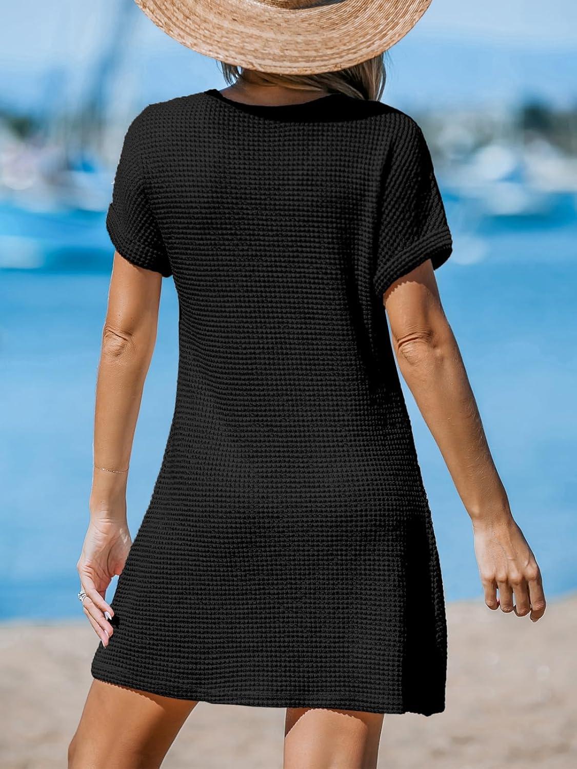 imageCUPSHE Bathing Suit Cover Up for Women Waffle Knit Twisted Beach Dress Short Sleeve Summer Swimsuit Coverup SwimwearBlack