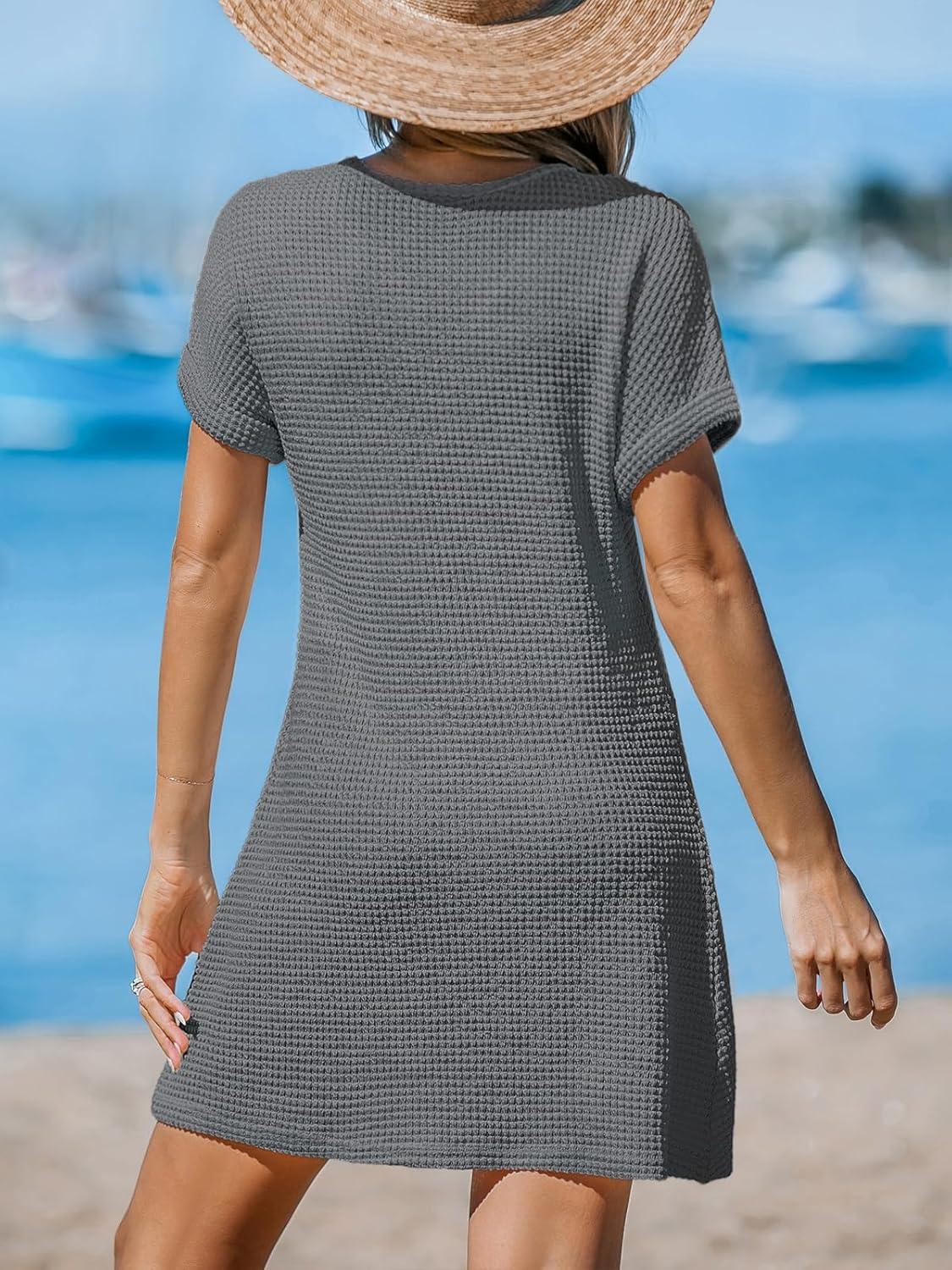 imageCUPSHE Bathing Suit Cover Up for Women Waffle Knit Twisted Beach Dress Short Sleeve Summer Swimsuit Coverup SwimwearDark Grey