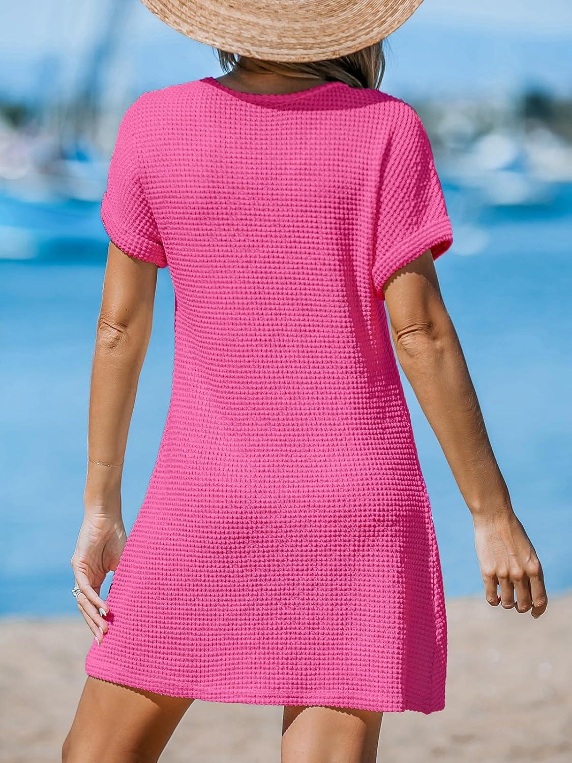 imageCUPSHE Bathing Suit Cover Up for Women Waffle Knit Twisted Beach Dress Short Sleeve Summer Swimsuit Coverup SwimwearHot Pink