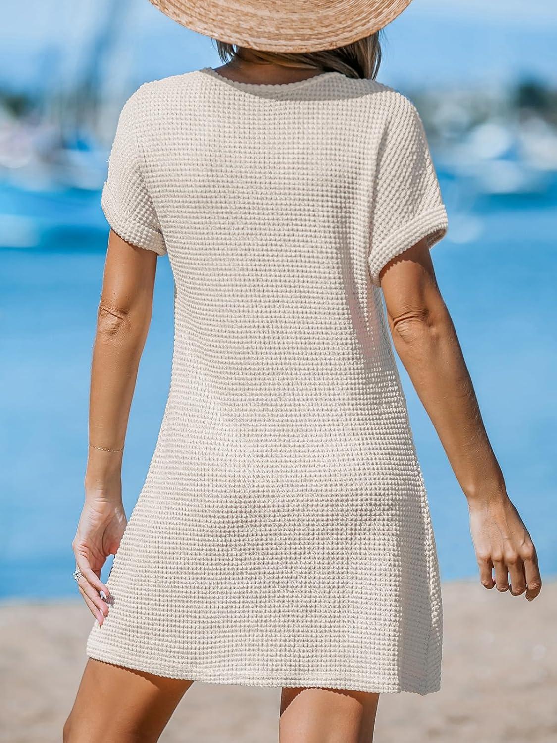 imageCUPSHE Bathing Suit Cover Up for Women Waffle Knit Twisted Beach Dress Short Sleeve Summer Swimsuit Coverup SwimwearOffwhite