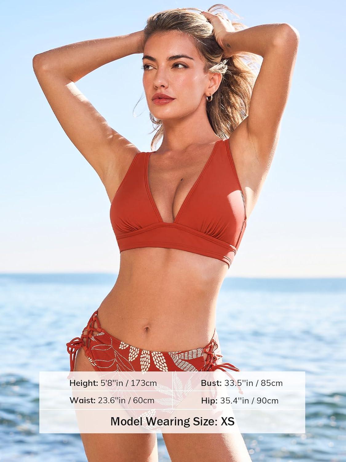 imageCUPSHE Bikini Set for Women Two Piece Swimsuit V Neck Triangle Top Wide Straps Cross Back Lace up Mid RiseBrick RedTropicl