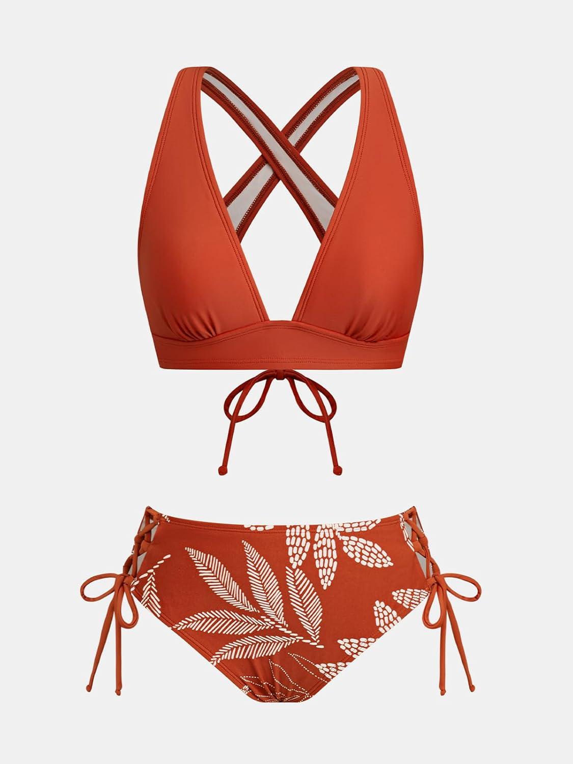 imageCUPSHE Bikini Set for Women Two Piece Swimsuit V Neck Triangle Top Wide Straps Cross Back Lace up Mid RiseBrick RedTropicl