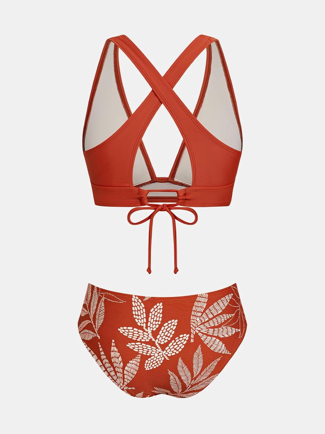 imageCUPSHE Bikini Set for Women Two Piece Swimsuit V Neck Triangle Top Wide Straps Cross Back Lace up Mid RiseBrick RedTropicl