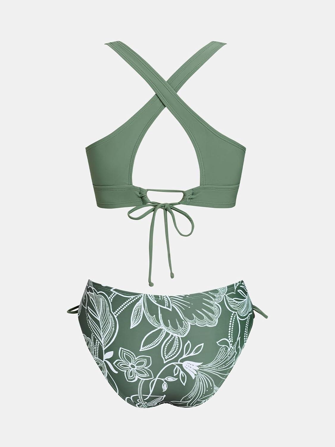 imageCUPSHE Bikini Set for Women Two Piece Swimsuit V Neck Triangle Top Wide Straps Cross Back Lace up Mid RiseEucalyptus GreenWhite Floral