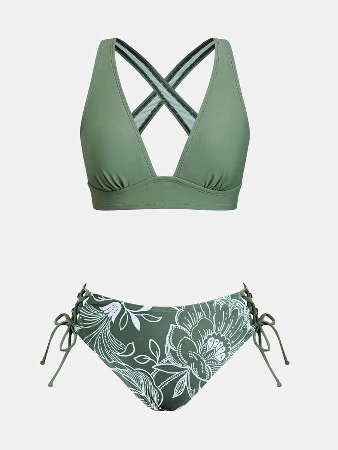 imageCUPSHE Bikini Set for Women Two Piece Swimsuit V Neck Triangle Top Wide Straps Cross Back Lace up Mid RiseEucalyptus GreenWhite Floral