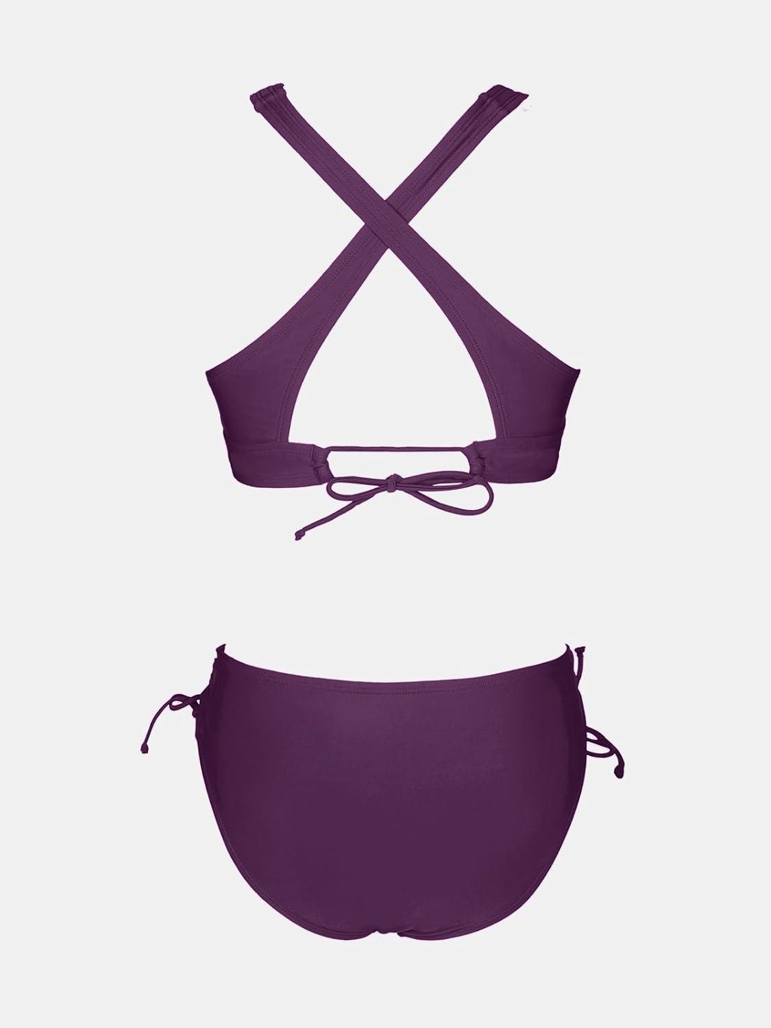 imageCUPSHE Bikini Set for Women Two Piece Swimsuit V Neck Triangle Top Wide Straps Cross Back Lace up Mid RiseGrape Purple