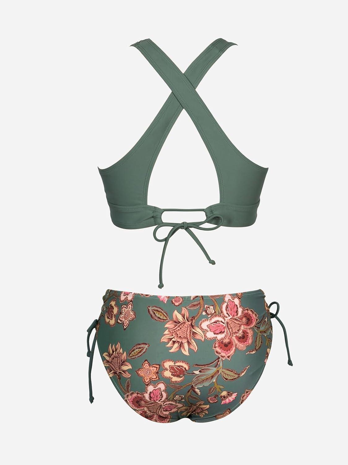imageCUPSHE Bikini Set for Women Two Piece Swimsuit V Neck Triangle Top Wide Straps Cross Back Lace up Mid RiseOlive GreenFloral