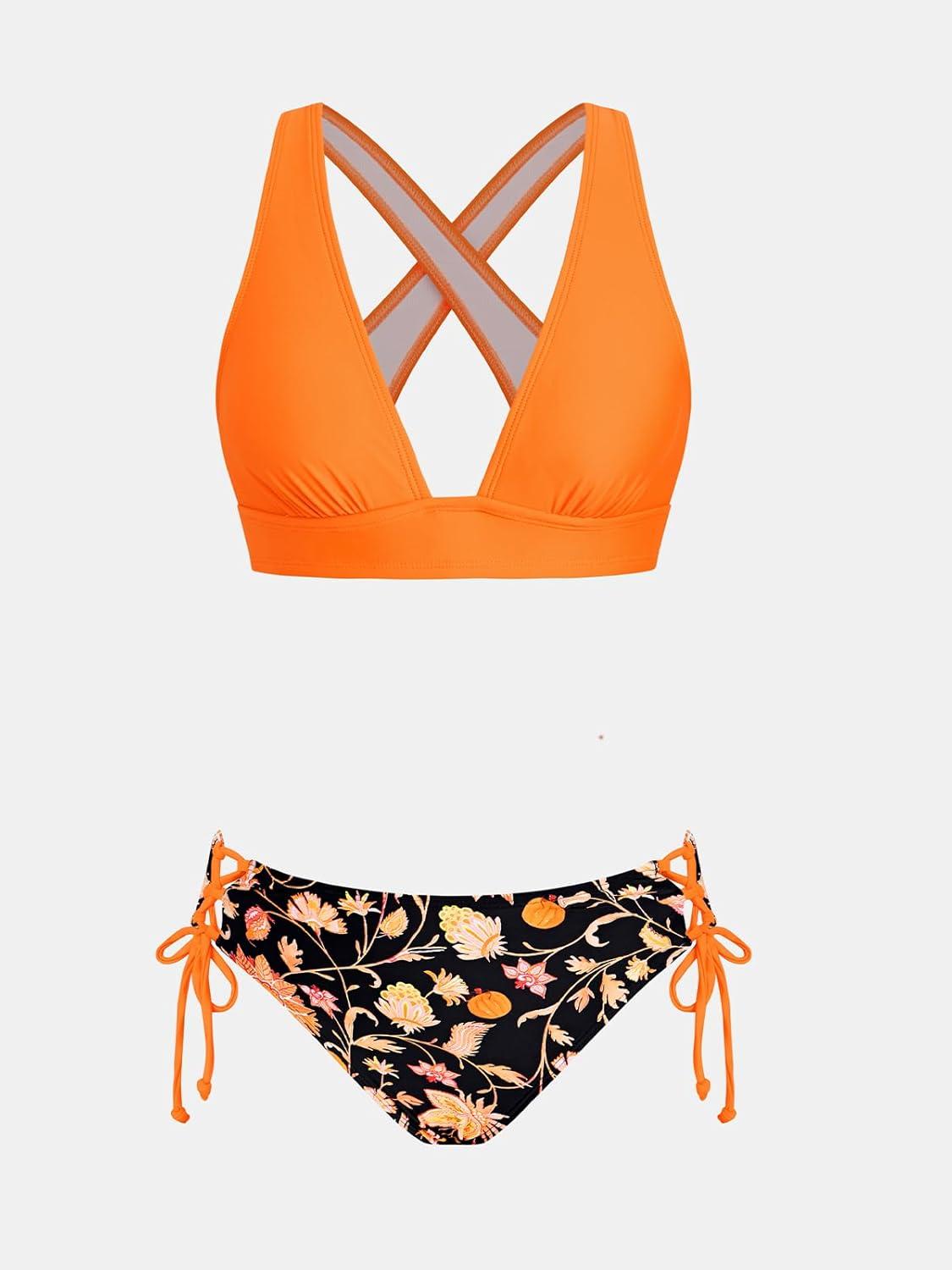 imageCUPSHE Bikini Set for Women Two Piece Swimsuit V Neck Triangle Top Wide Straps Cross Back Lace up Mid RiseOrange Black Print