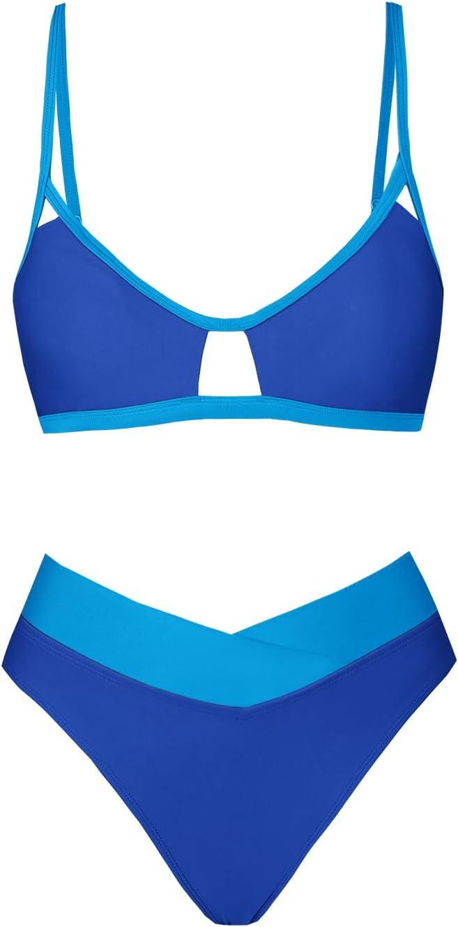 imageCUPSHE Bikini Set for Women Two Piece Swimsuits Cut Out High Waisted Scoop Neck V Cut BottomLapis BlueSky Blue