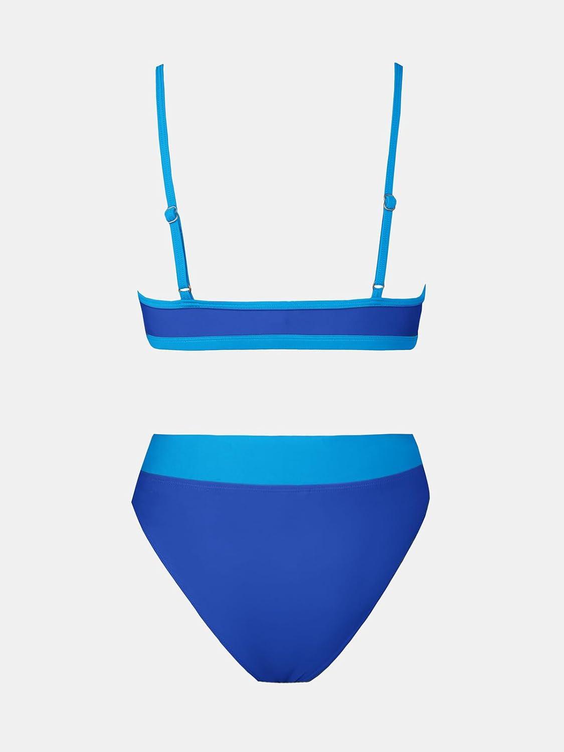 imageCUPSHE Bikini Set for Women Two Piece Swimsuits Cut Out High Waisted Scoop Neck V Cut BottomLapis BlueSky Blue