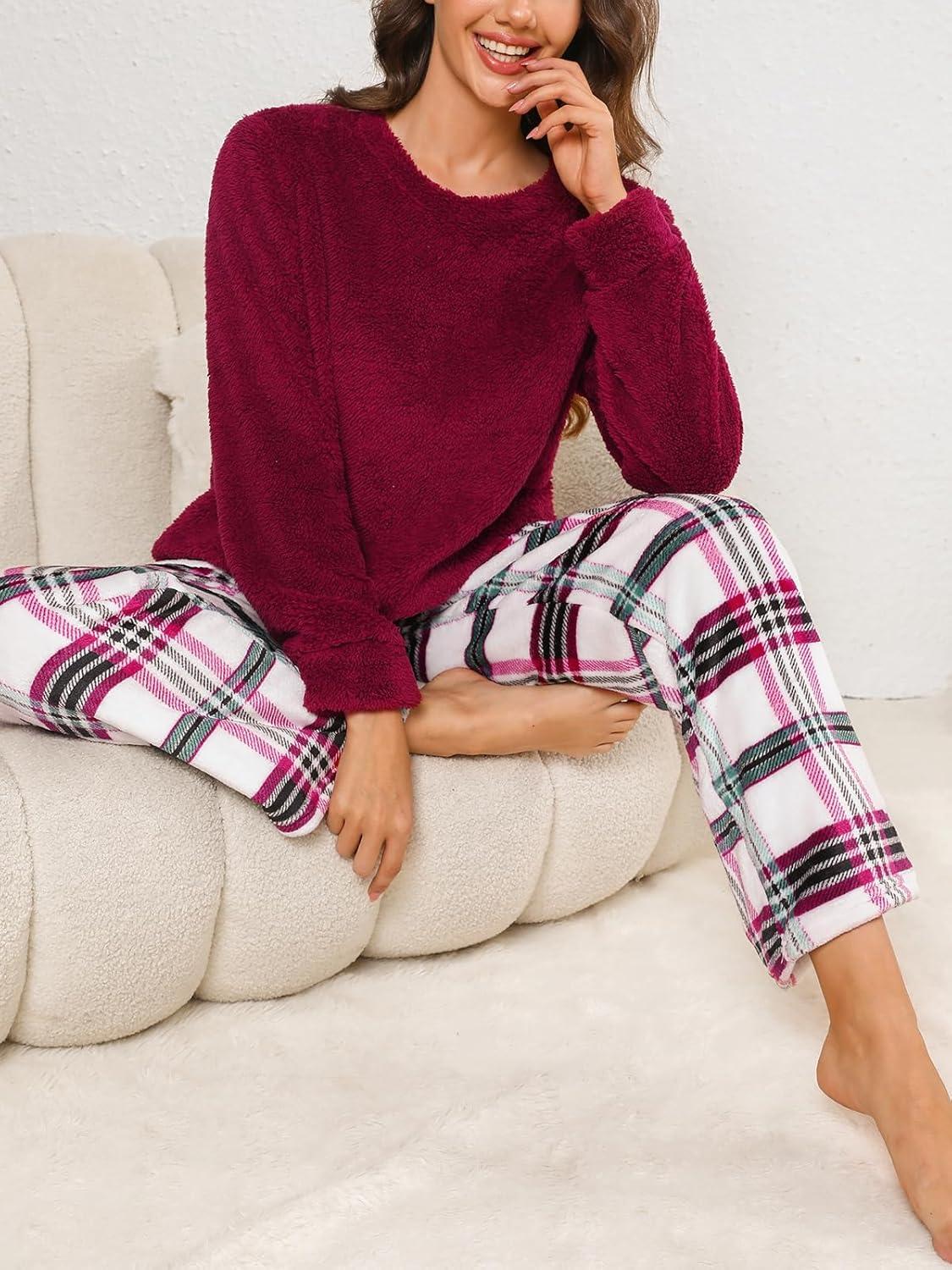imageCUPSHE Fleece Pajama Set for Women Fuzzy Lounge Sets Winter 2 Piece Soft Sweater Pants OutfitsRed