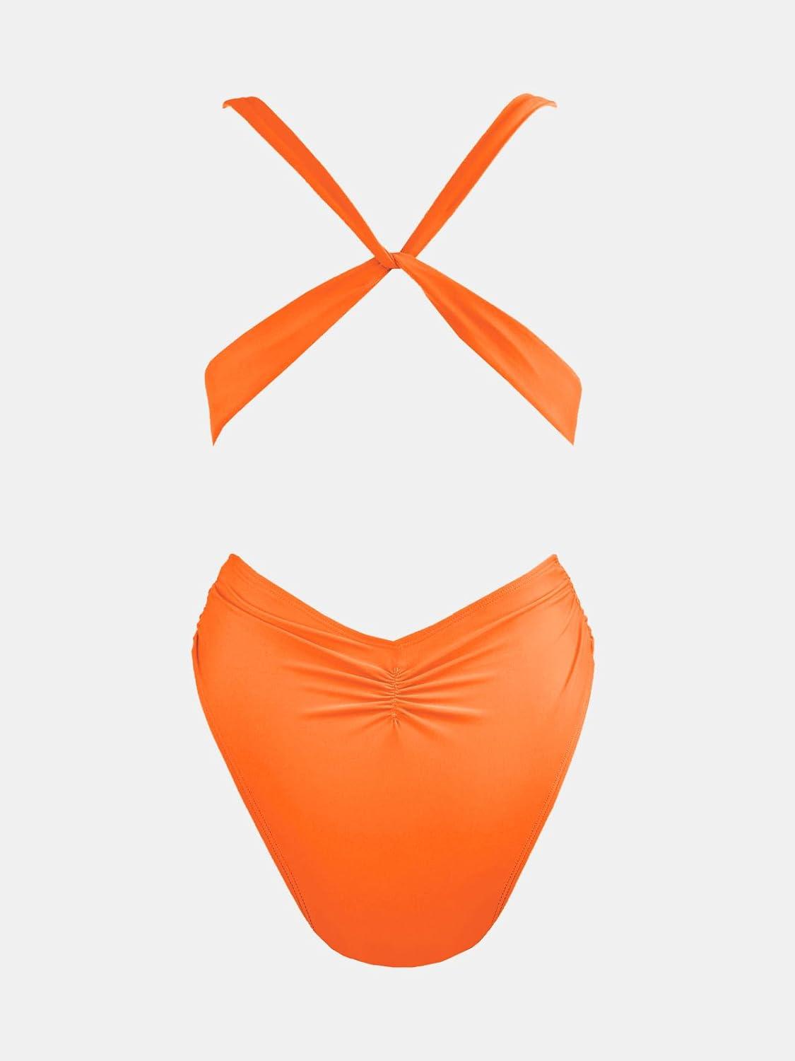 imageCUPSHE One Piece Swimsuit for Women Bathing Suit Cut Out Cross Back Tie Deep V Neck Ruched High CutApricot Orange
