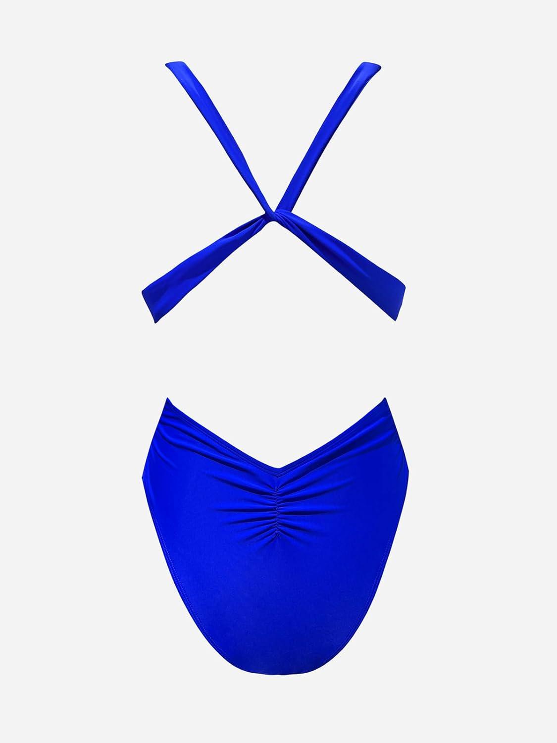 imageCUPSHE One Piece Swimsuit for Women Bathing Suit Cut Out Cross Back Tie Deep V Neck Ruched High CutLapis Blue