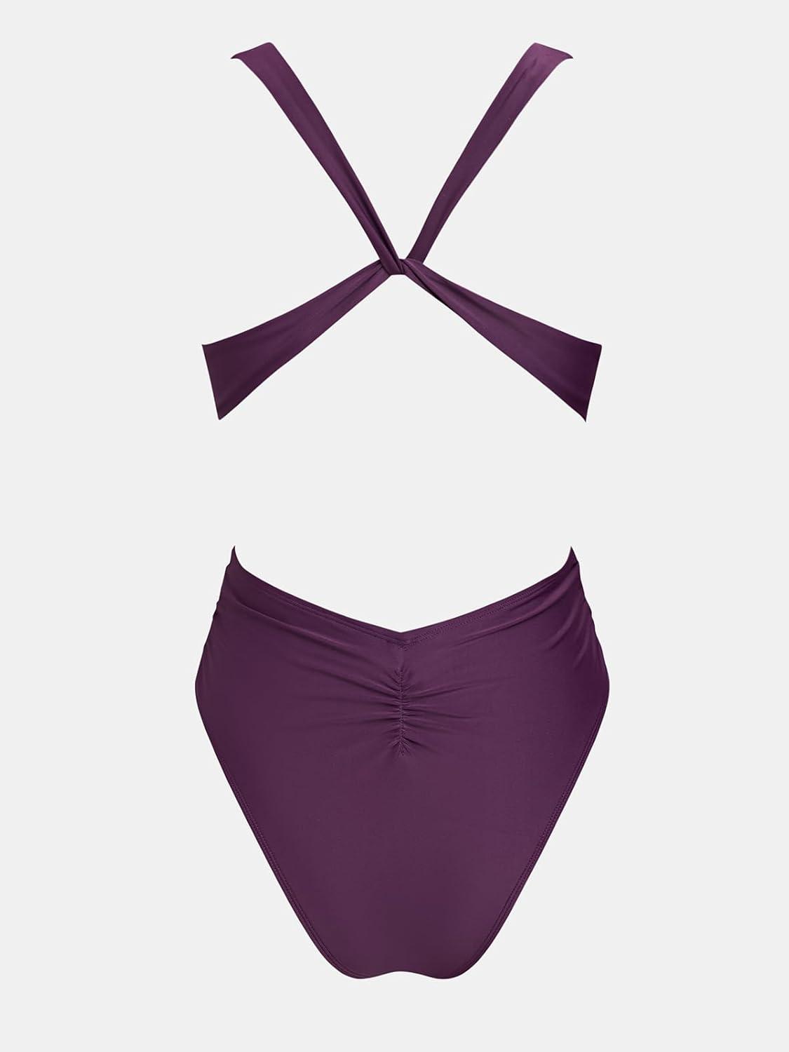 imageCUPSHE One Piece Swimsuit for Women Bathing Suit Cut Out Cross Back Tie Deep V Neck Ruched High CutPlum Purple