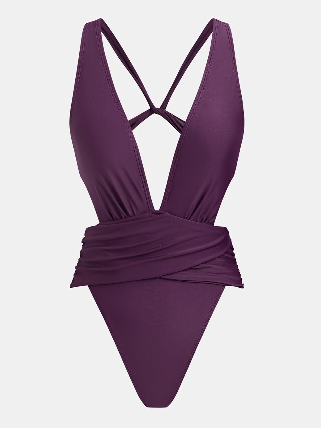 imageCUPSHE One Piece Swimsuit for Women Bathing Suit Cut Out Cross Back Tie Deep V Neck Ruched High CutPlum Purple