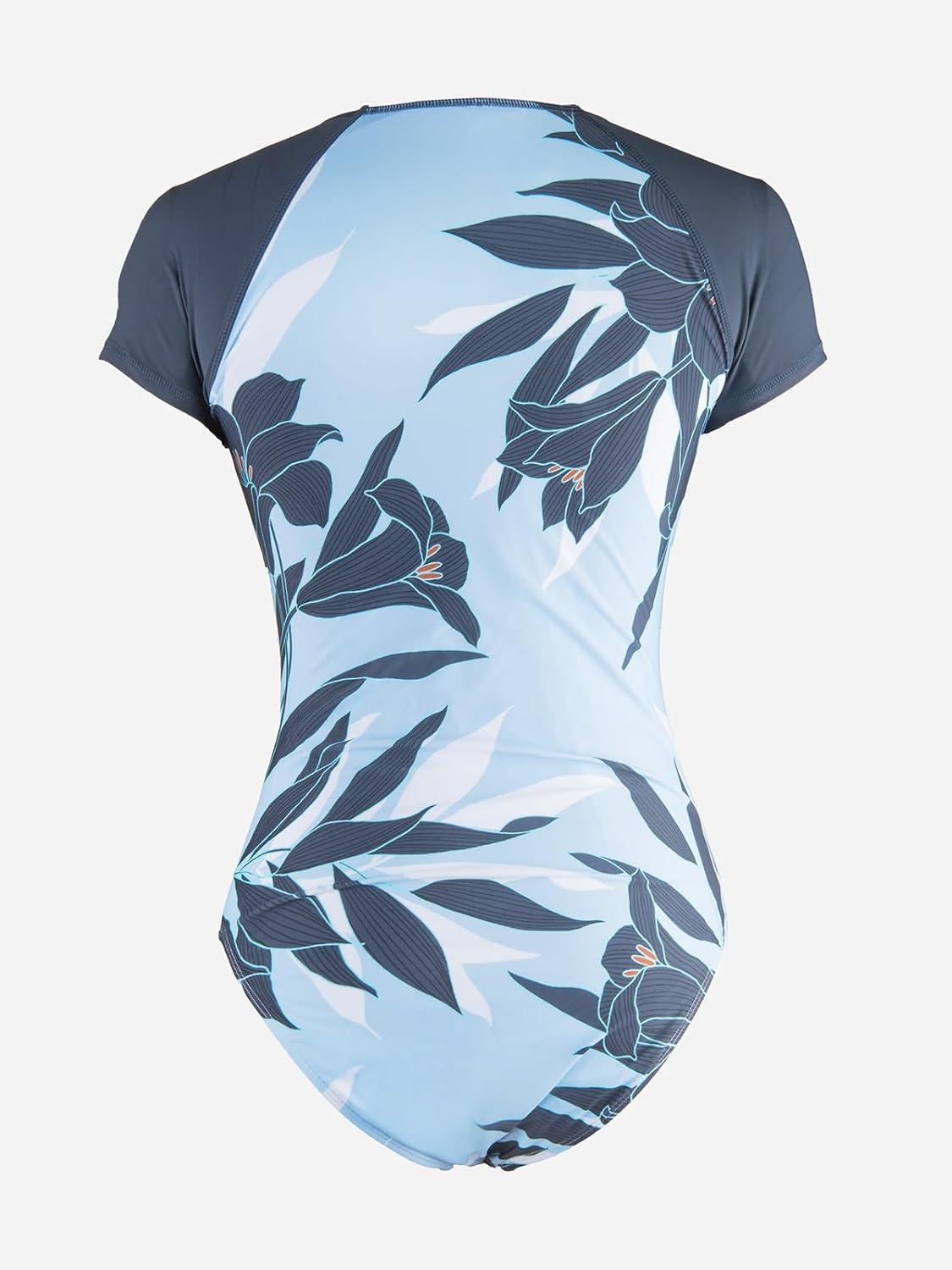 imageCUPSHE One Piece Swimsuit for Women Mock Neck Zipper Short Sleeve Bathing SuitLight Blue Tropical Print