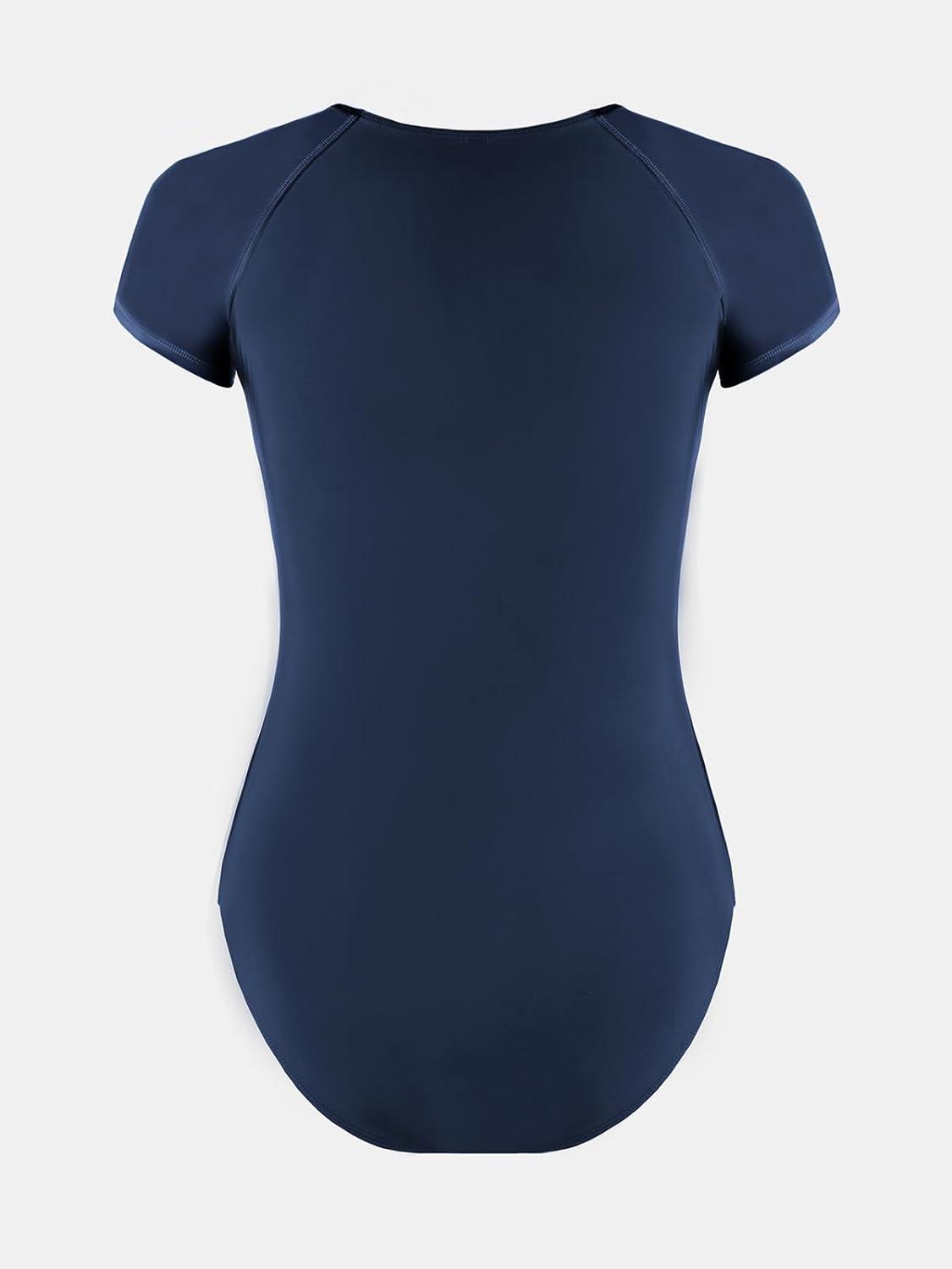 imageCUPSHE One Piece Swimsuit for Women Mock Neck Zipper Short Sleeve Bathing SuitNavy