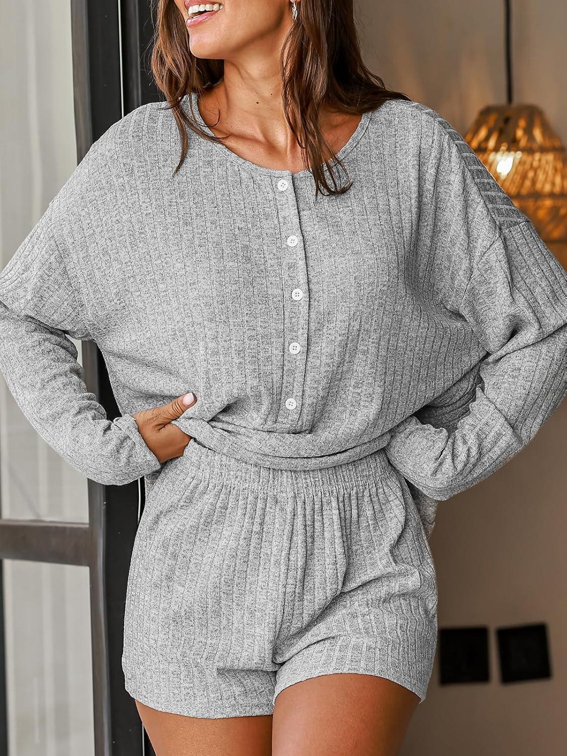 imageCUPSHE Ribbed Knit Long Sleeve and Short Pajama Sets 2 Piece Button Down Long Sleeve PJs for Women Soft LoungewearBgrey