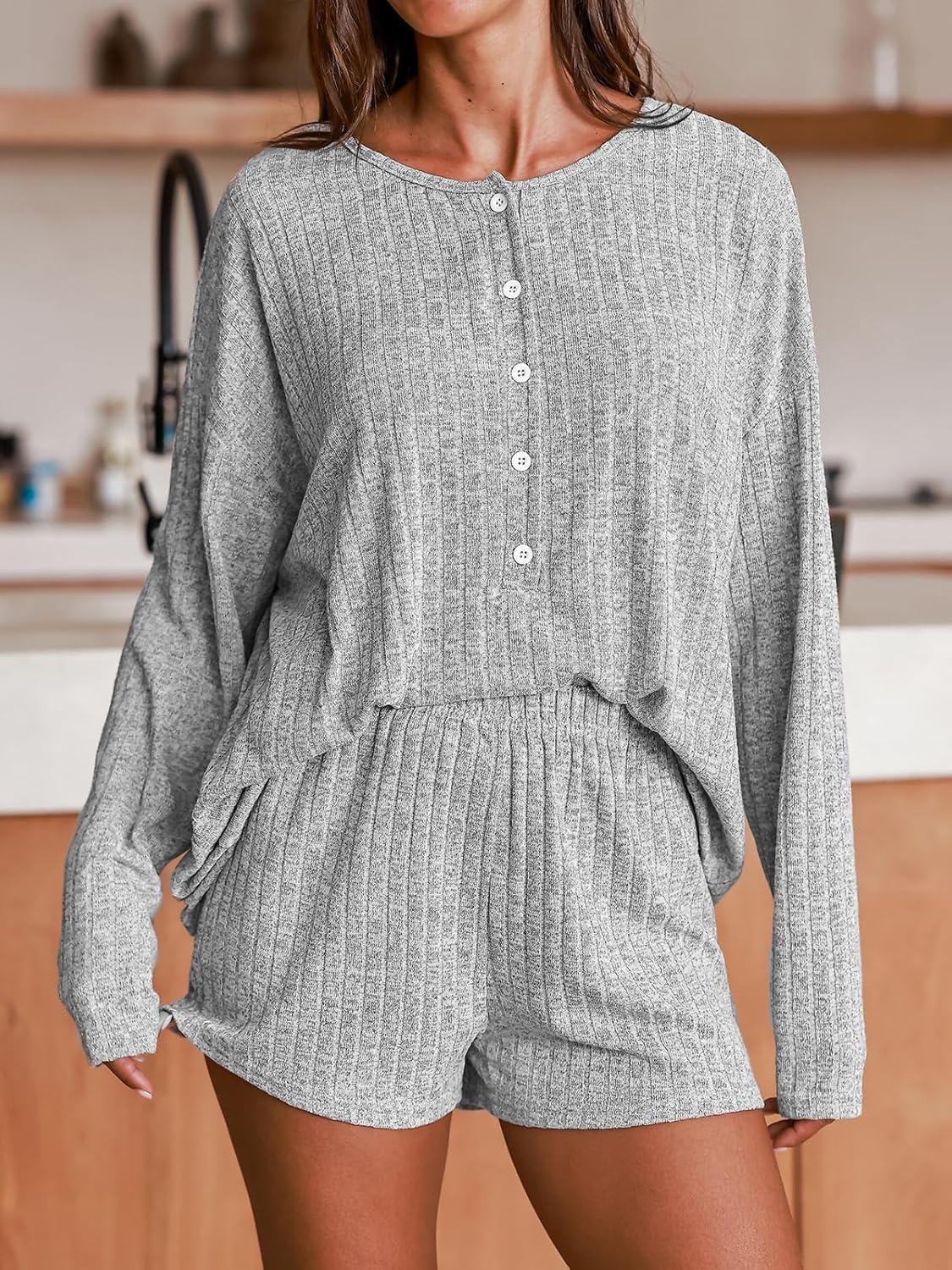 imageCUPSHE Ribbed Knit Long Sleeve and Short Pajama Sets 2 Piece Button Down Long Sleeve PJs for Women Soft LoungewearBgrey
