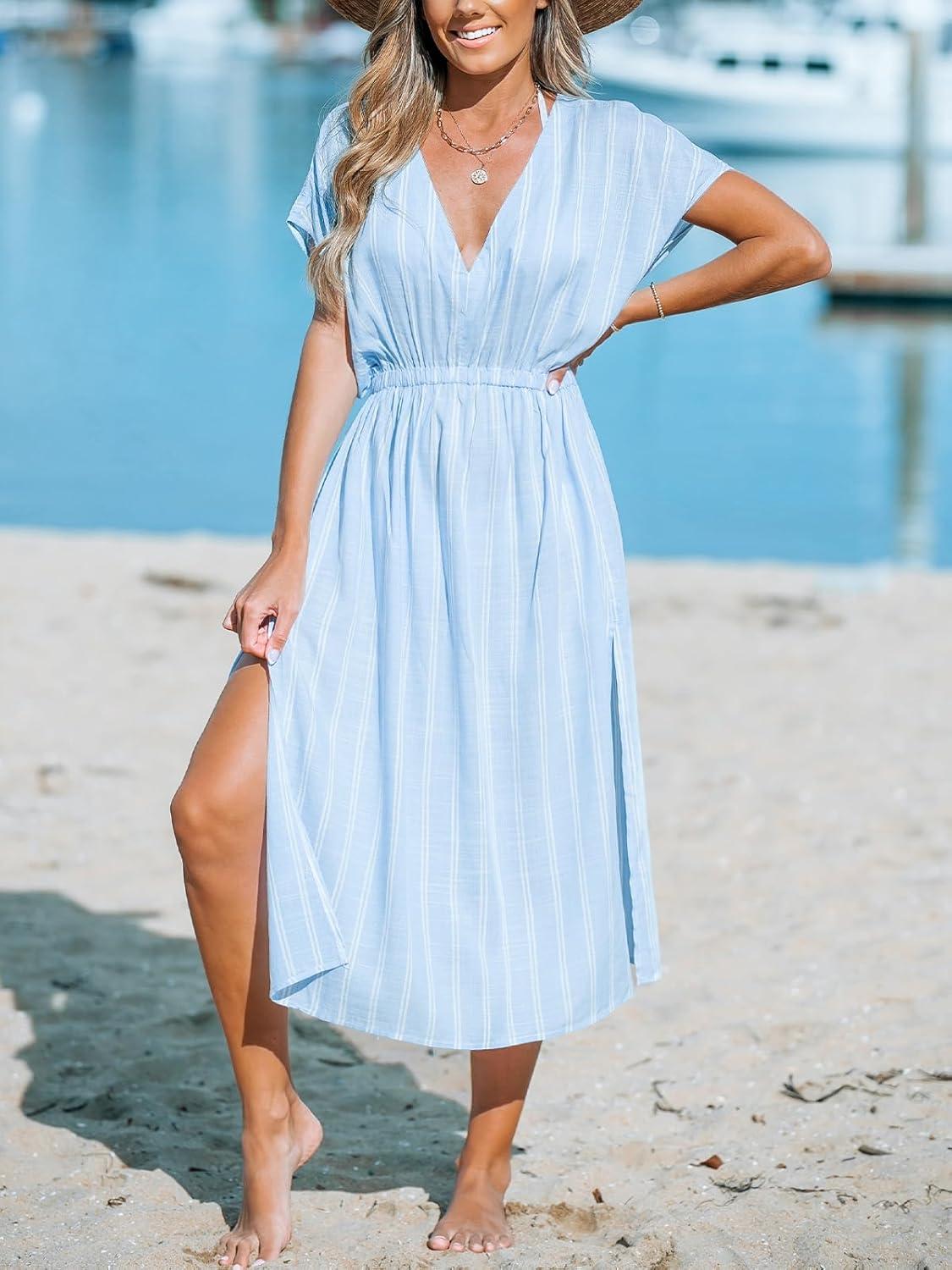 imageCUPSHE Women Beach Cover Up V Neck Short Sleeve Striped Midi Swimsuit Coverup Dress XSXXLLight Blue