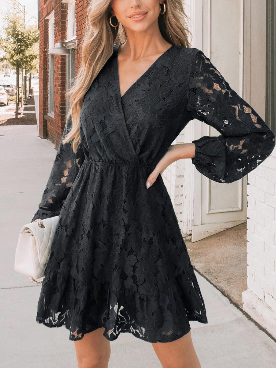 imageCUPSHE Women Elegant V Neck Lace Peasant Sleeve Mini Summer Dress Elastic High Waist A Line Casual Wedding Guest DressBlack