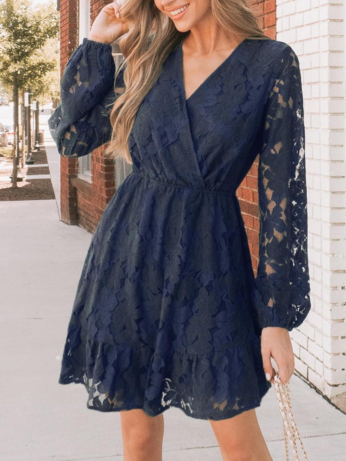 imageCUPSHE Women Elegant V Neck Lace Peasant Sleeve Mini Summer Dress Elastic High Waist A Line Casual Wedding Guest DressBlue
