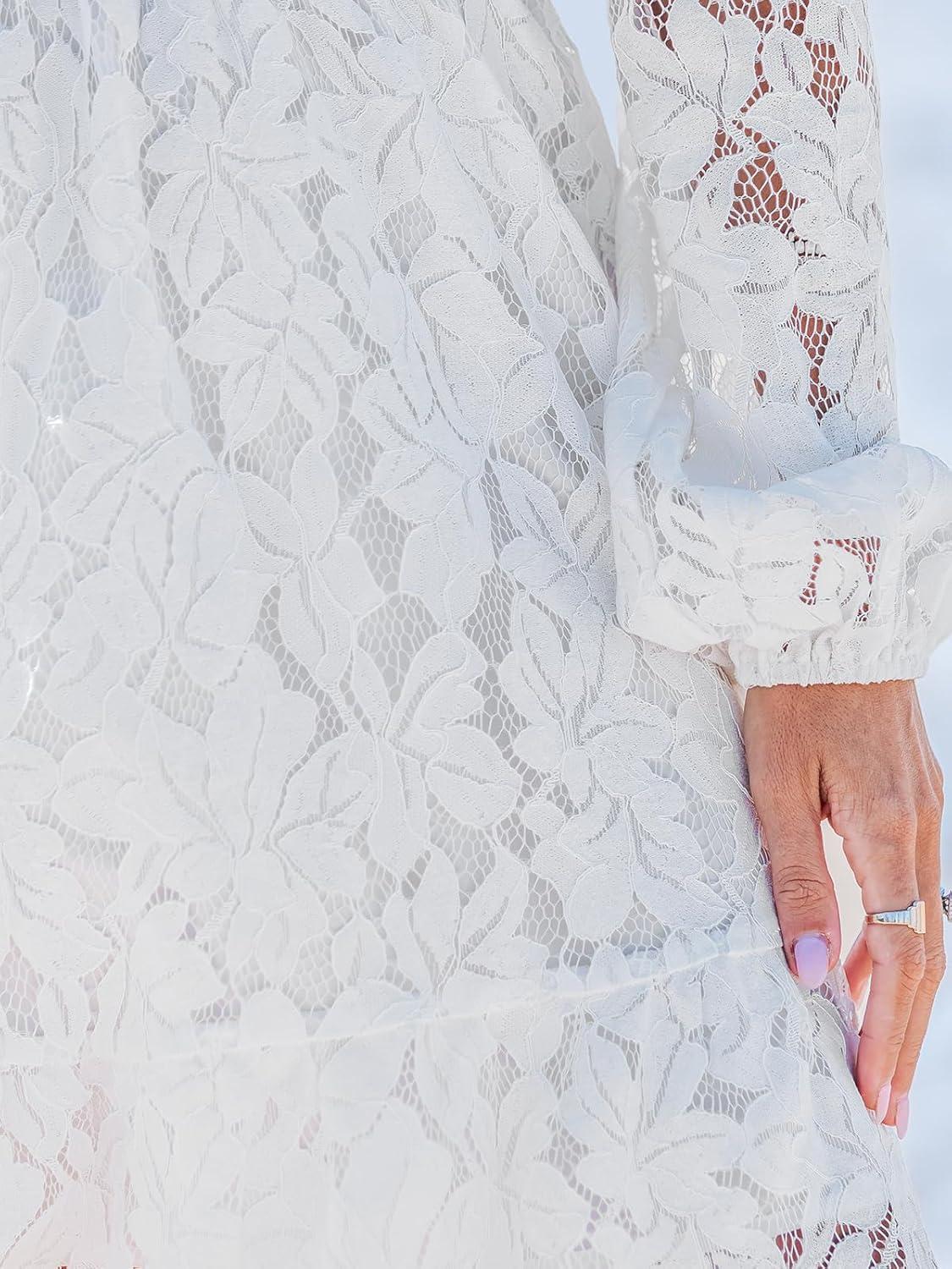 imageCUPSHE Women Elegant V Neck Lace Peasant Sleeve Mini Summer Dress Elastic High Waist A Line Casual Wedding Guest DressWhite
