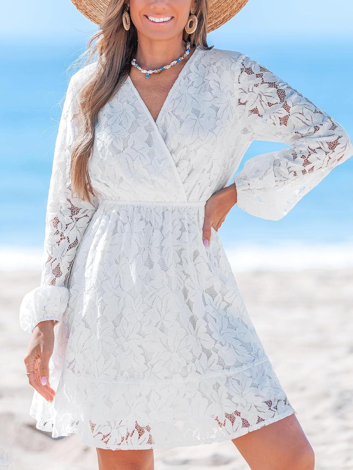 imageCUPSHE Women Elegant V Neck Lace Peasant Sleeve Mini Summer Dress Elastic High Waist A Line Casual Wedding Guest DressWhite