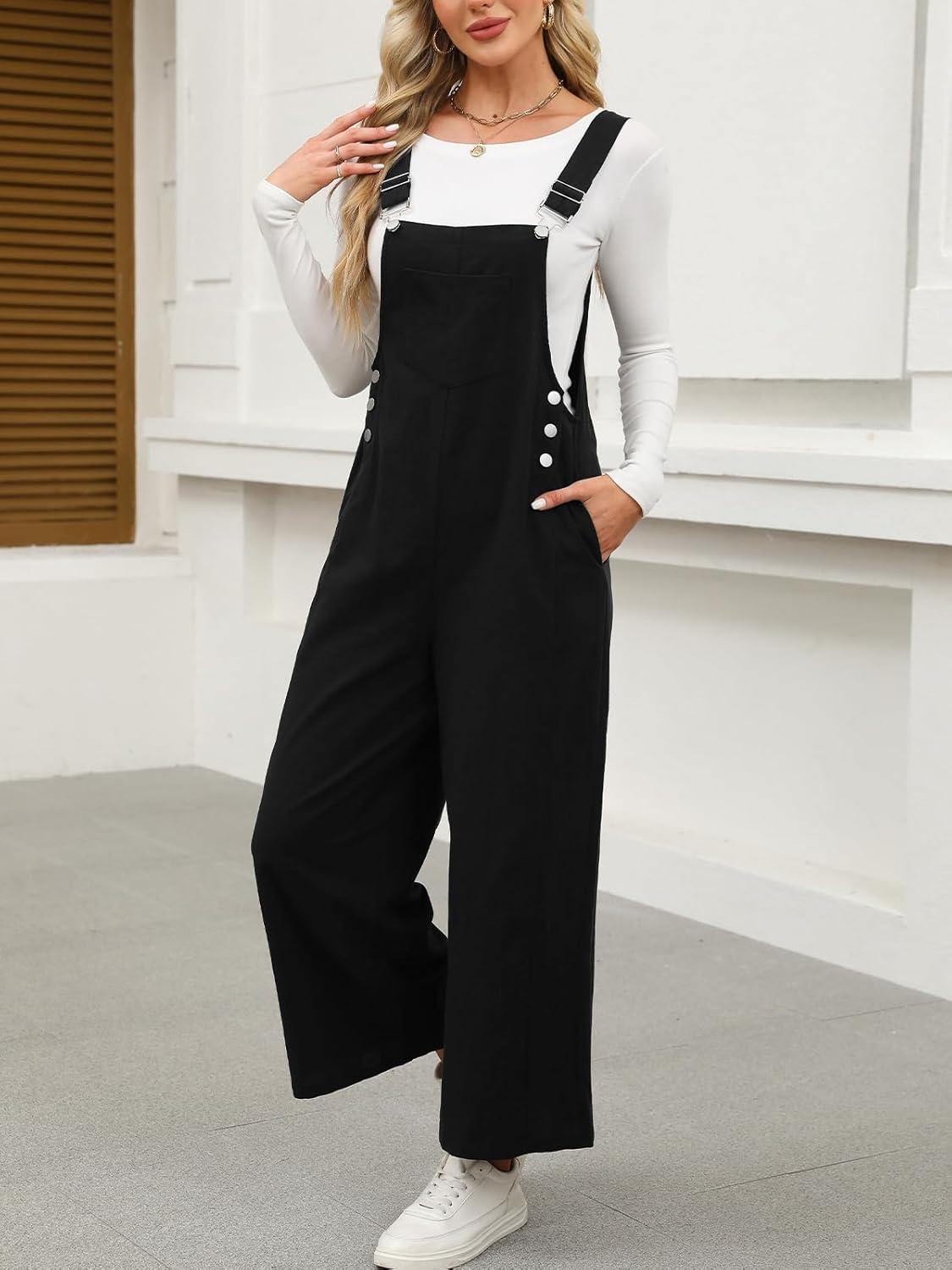 imageCUPSHE Women Fall Bib Overalls Cotton Adjustable Straps Wide Leg Square Neck Side Buttons Jumpsuit with PocketsBlack