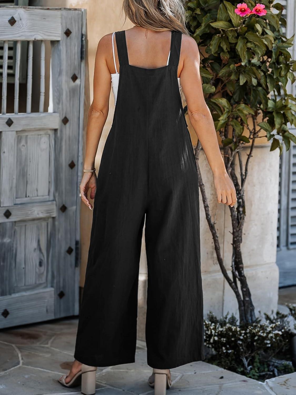 imageCUPSHE Women Fall Bib Overalls Cotton Adjustable Straps Wide Leg Square Neck Side Buttons Jumpsuit with PocketsBlack
