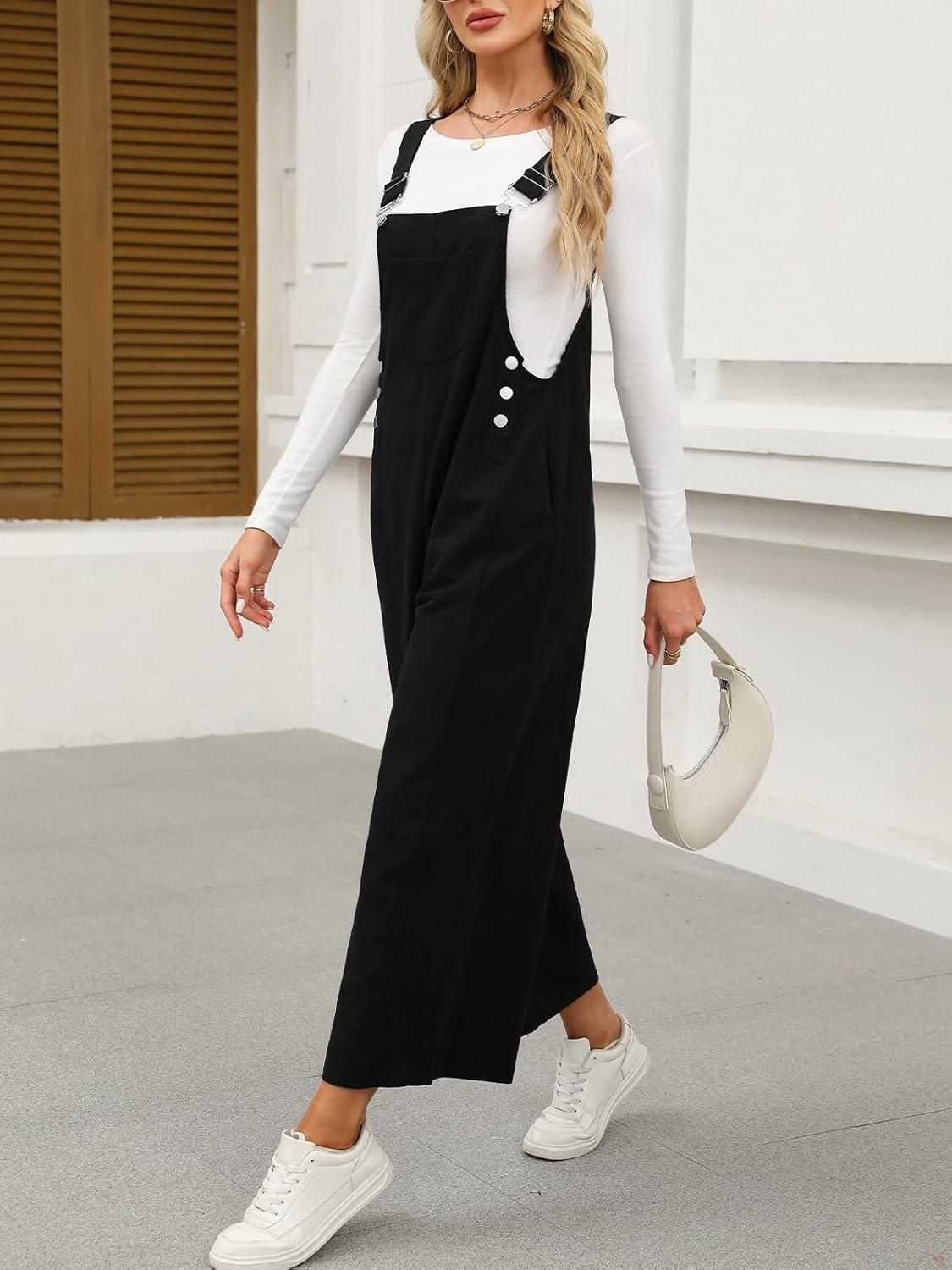 imageCUPSHE Women Fall Bib Overalls Cotton Adjustable Straps Wide Leg Square Neck Side Buttons Jumpsuit with PocketsBlack