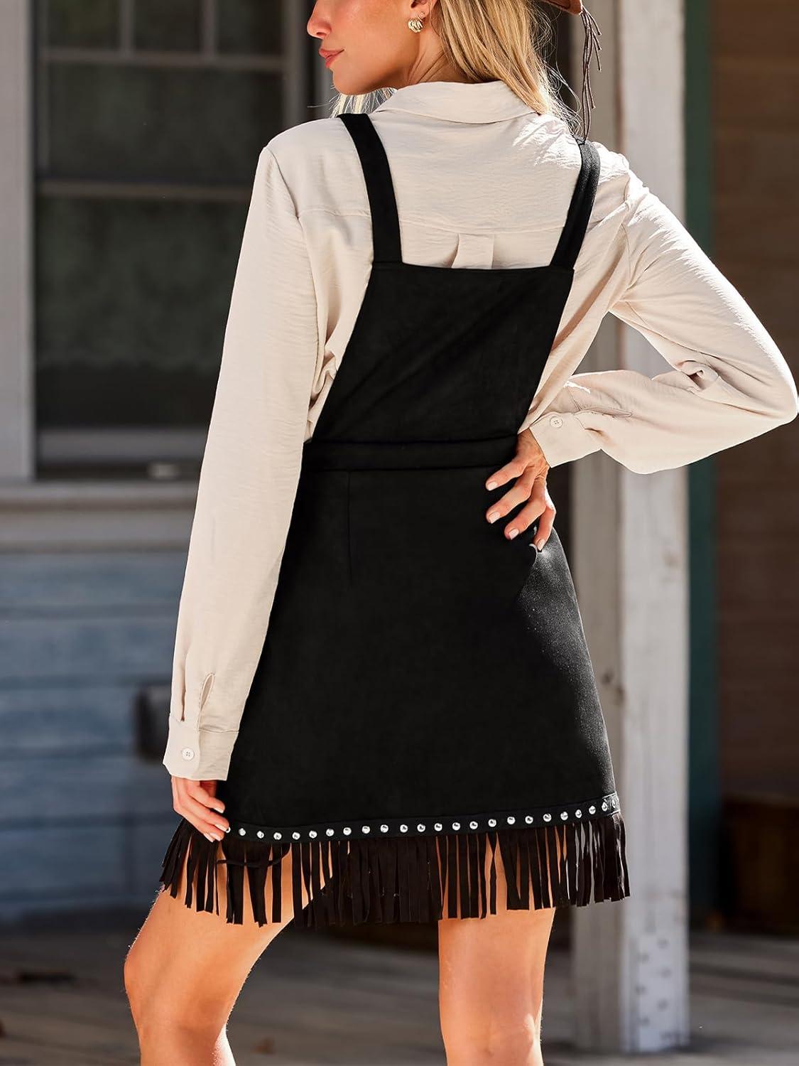 imageCUPSHE Women Fall Overall Bib Tassel Dresses Faux Western Pinafore Suspender Fringe Studs Mini Dress with PocketsBlack