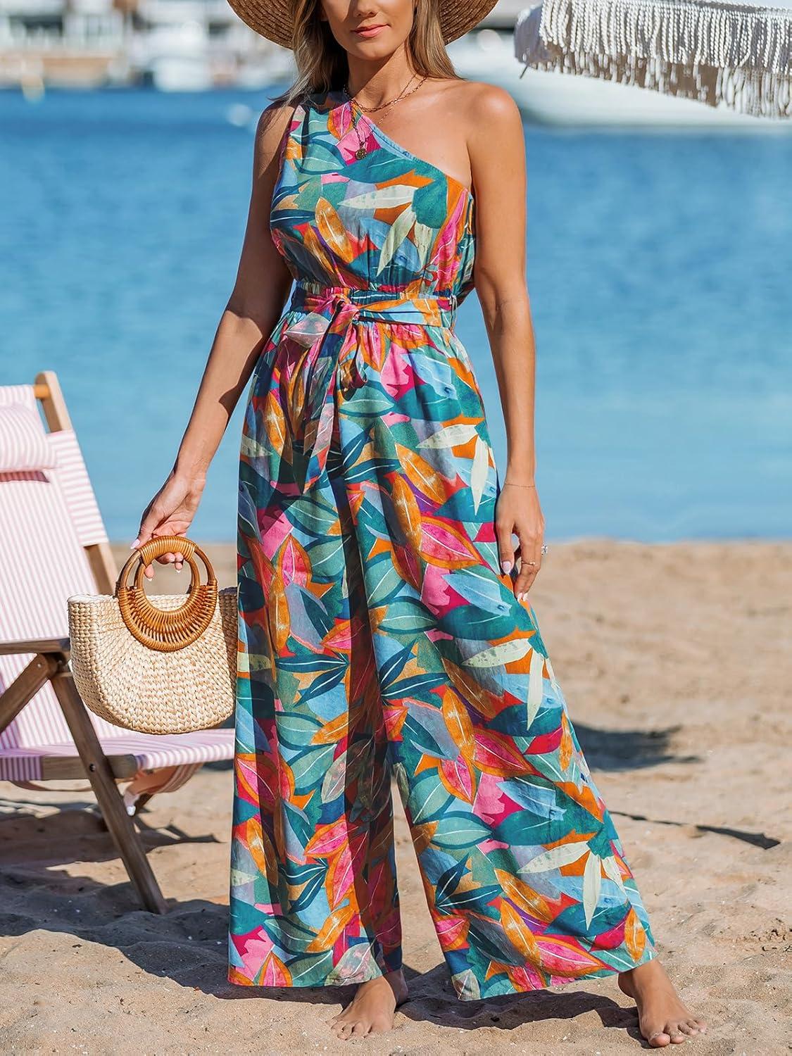 imageCUPSHE Women One Shoulder Summer Jumpsuit with Pocket Elastic Waist Tie Overall Wide Leg Casual Beach Holiday RomperTropical Multicolor