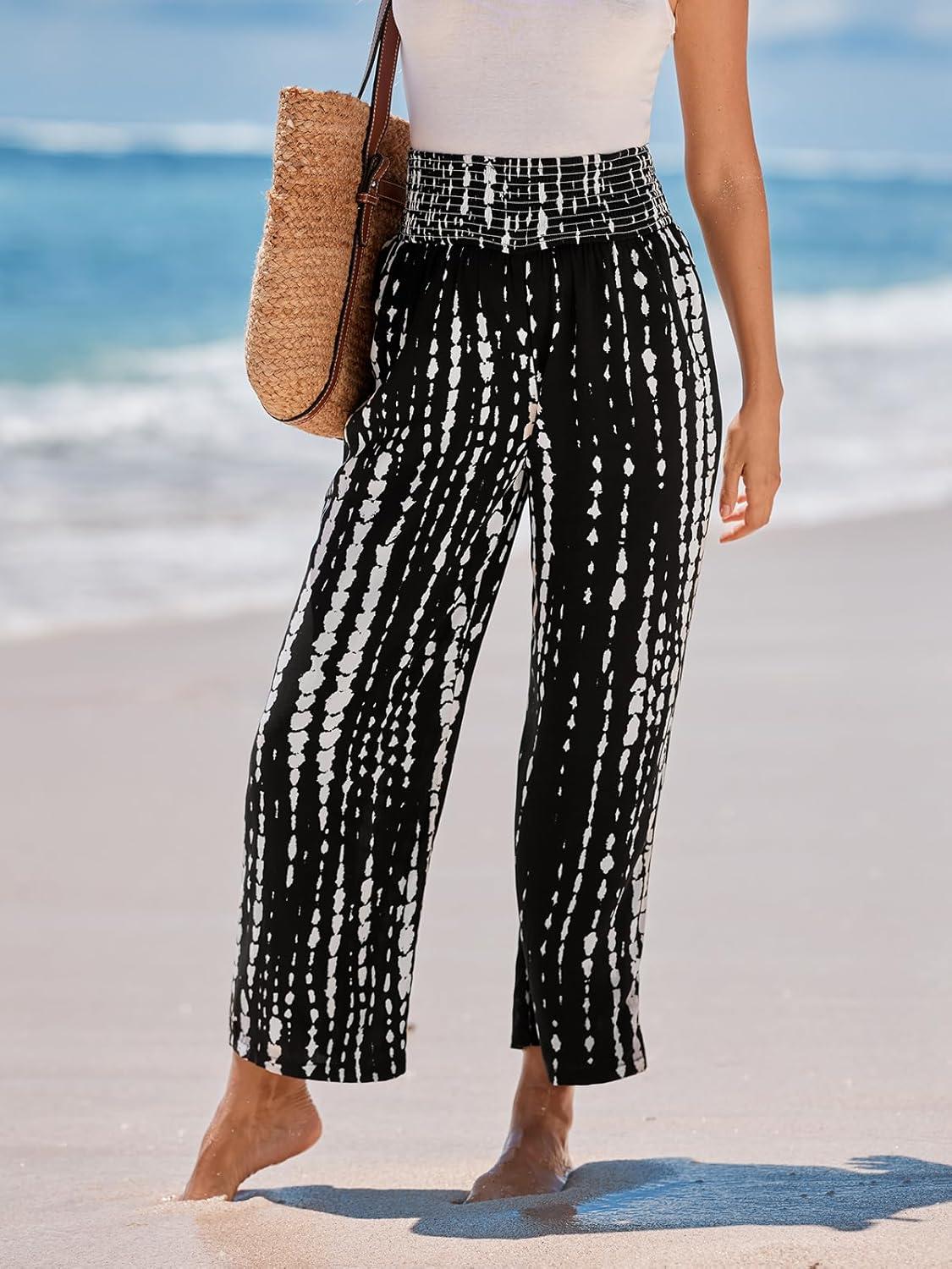 imageCUPSHE Women Pants Abstract Smocked Waist Long Pant Wide Leg Pant CasualBlack