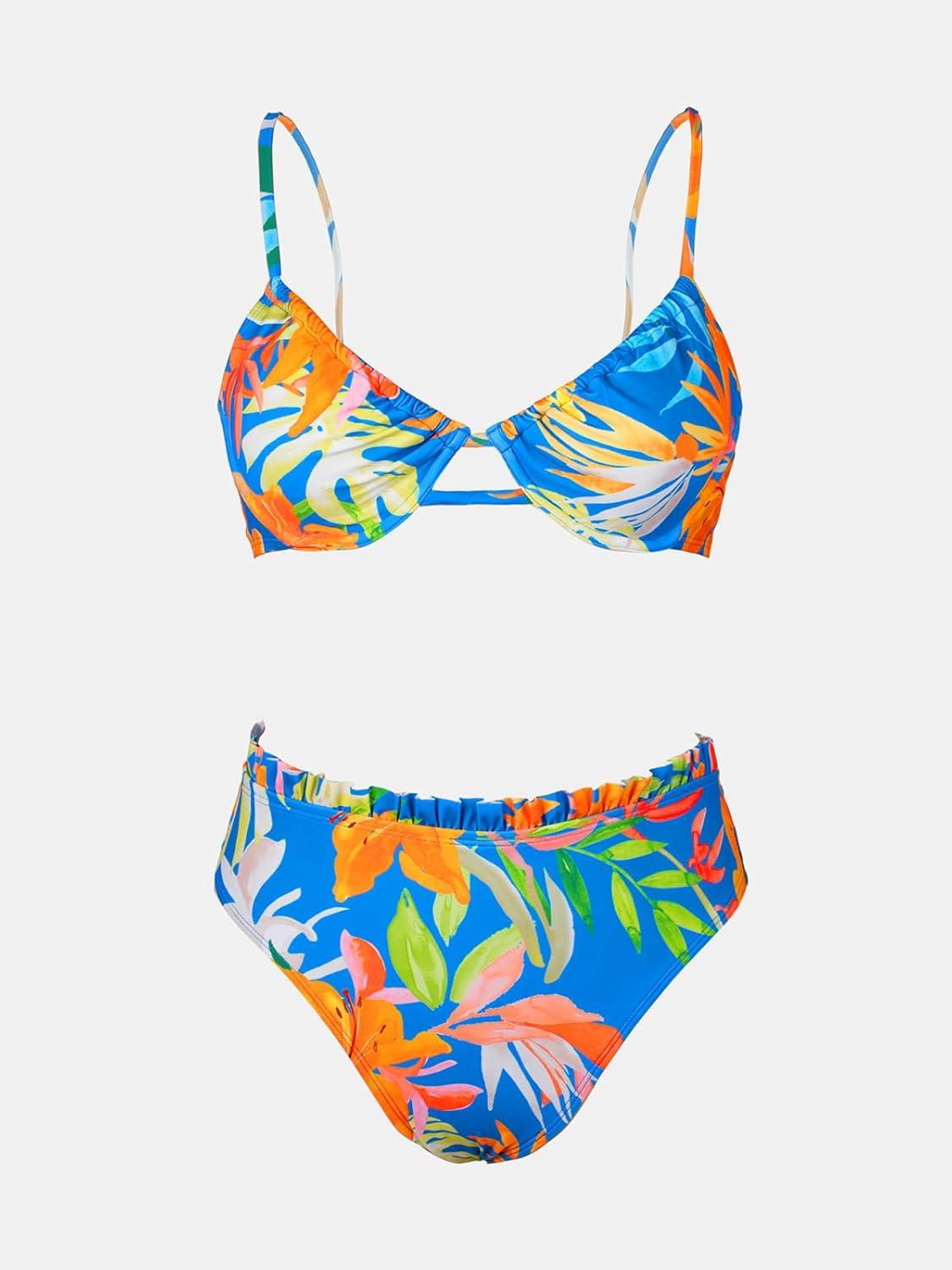 imageCUPSHE Women Swimsuit Bikini Set High Waisted Push Up Cheeky Drawstring Two Piece Bathing SuitSky BlueTropical