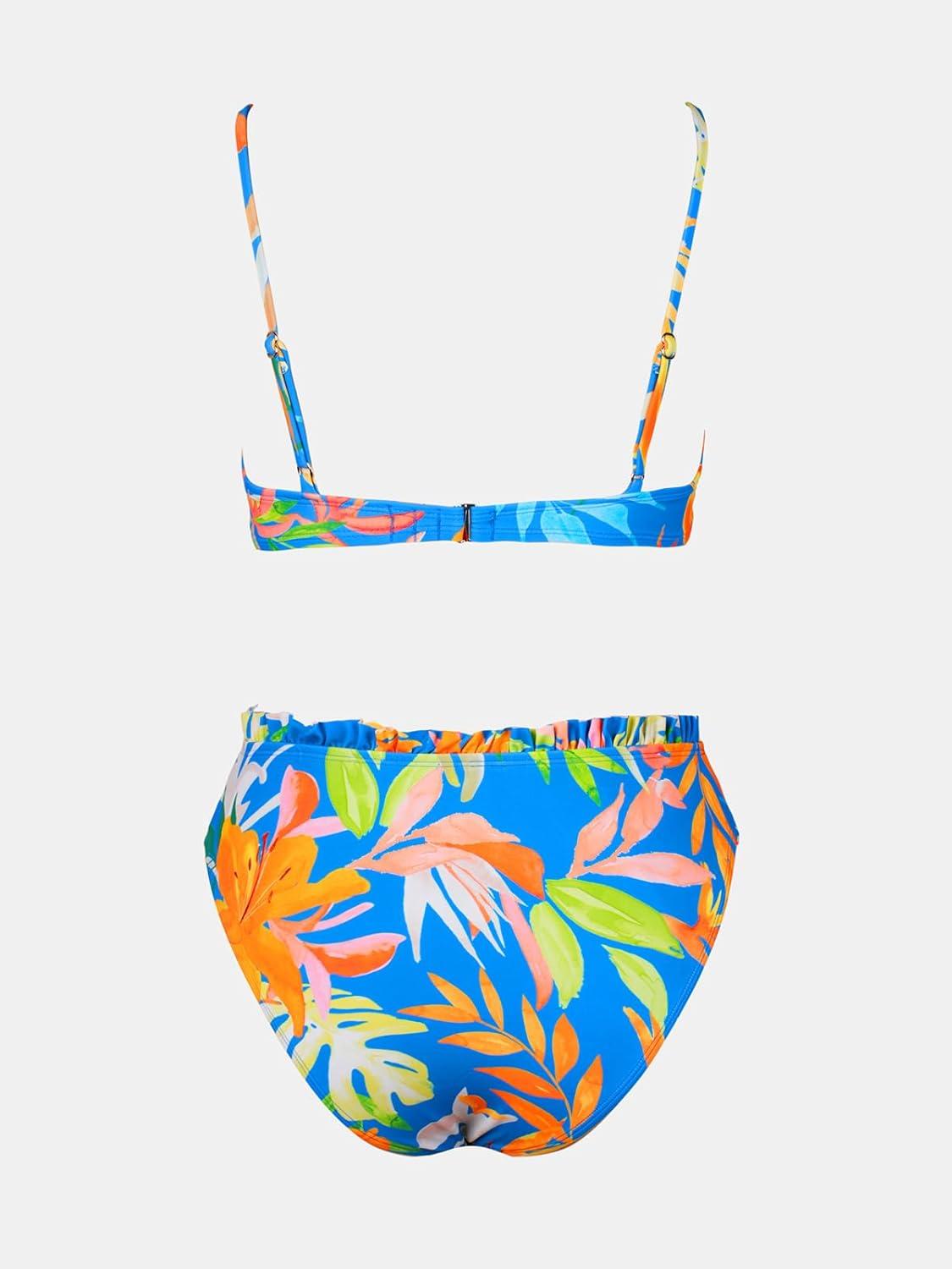 imageCUPSHE Women Swimsuit Bikini Set High Waisted Push Up Cheeky Drawstring Two Piece Bathing SuitSky BlueTropical