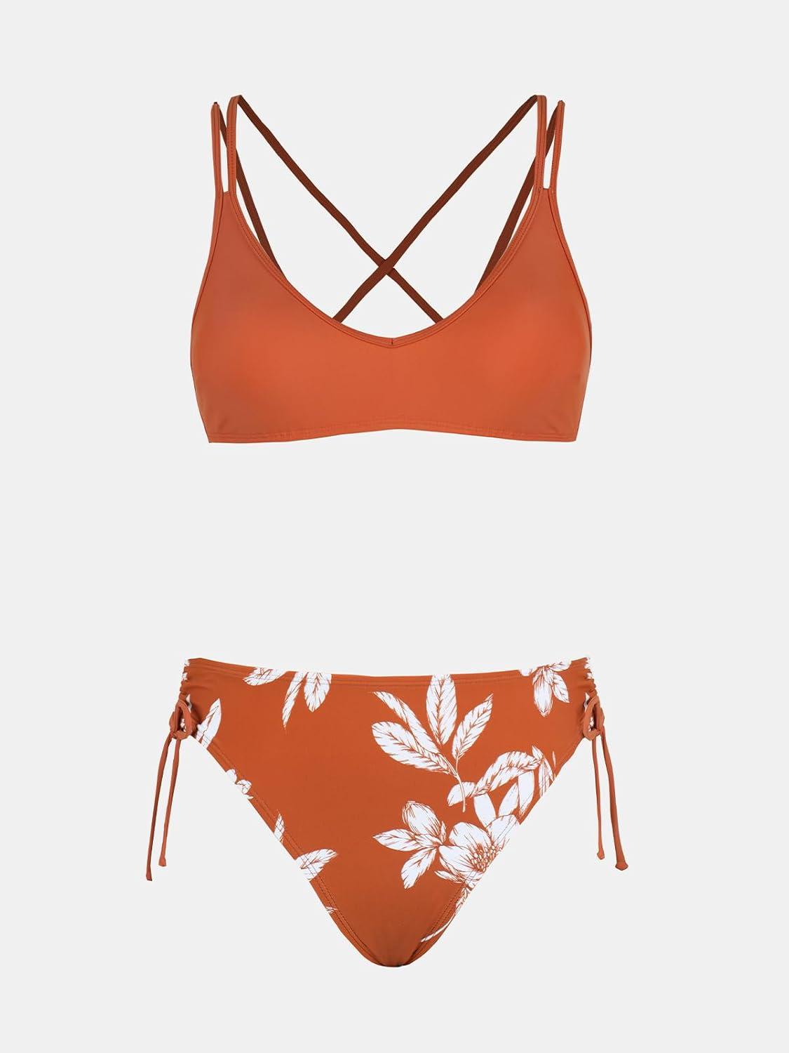 imageCUPSHE Women Swimsuit Bikini Set Two Piece Bathing Suit Criss Cross Back Strappy Side with Double Spaghetti StrapsBurnt BrownFloral