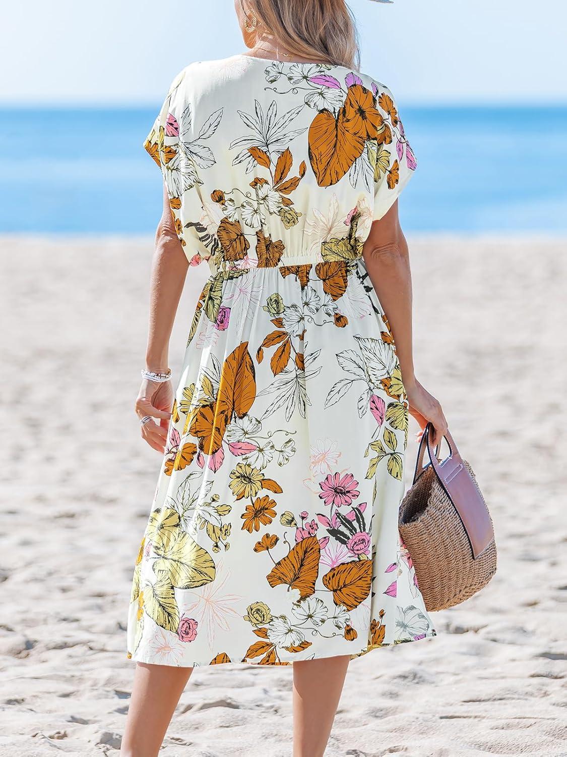 imageCUPSHE Women Swimsuit Cover Up Midi V Neck Short Sleeve Tropical Beach Coverup DressBeige Floral