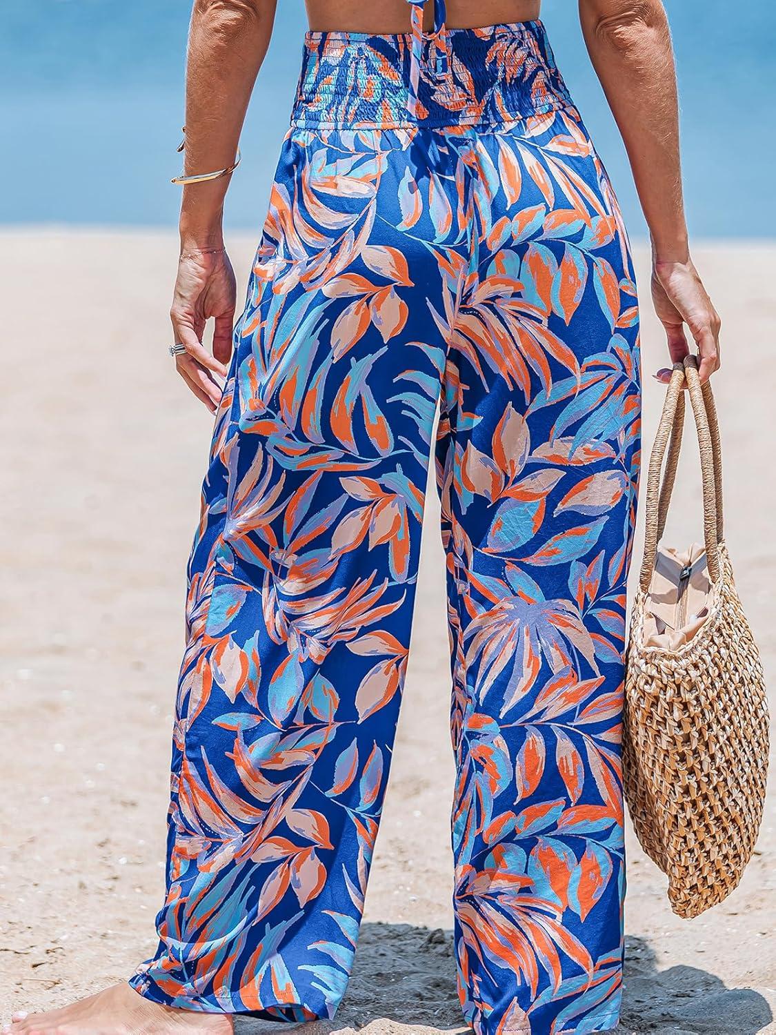 imageCUPSHE Women Swimsuit Cover Ups Pants High Waist Smokced Wide Leg Beach Vacation OutfitsTropical Leaf