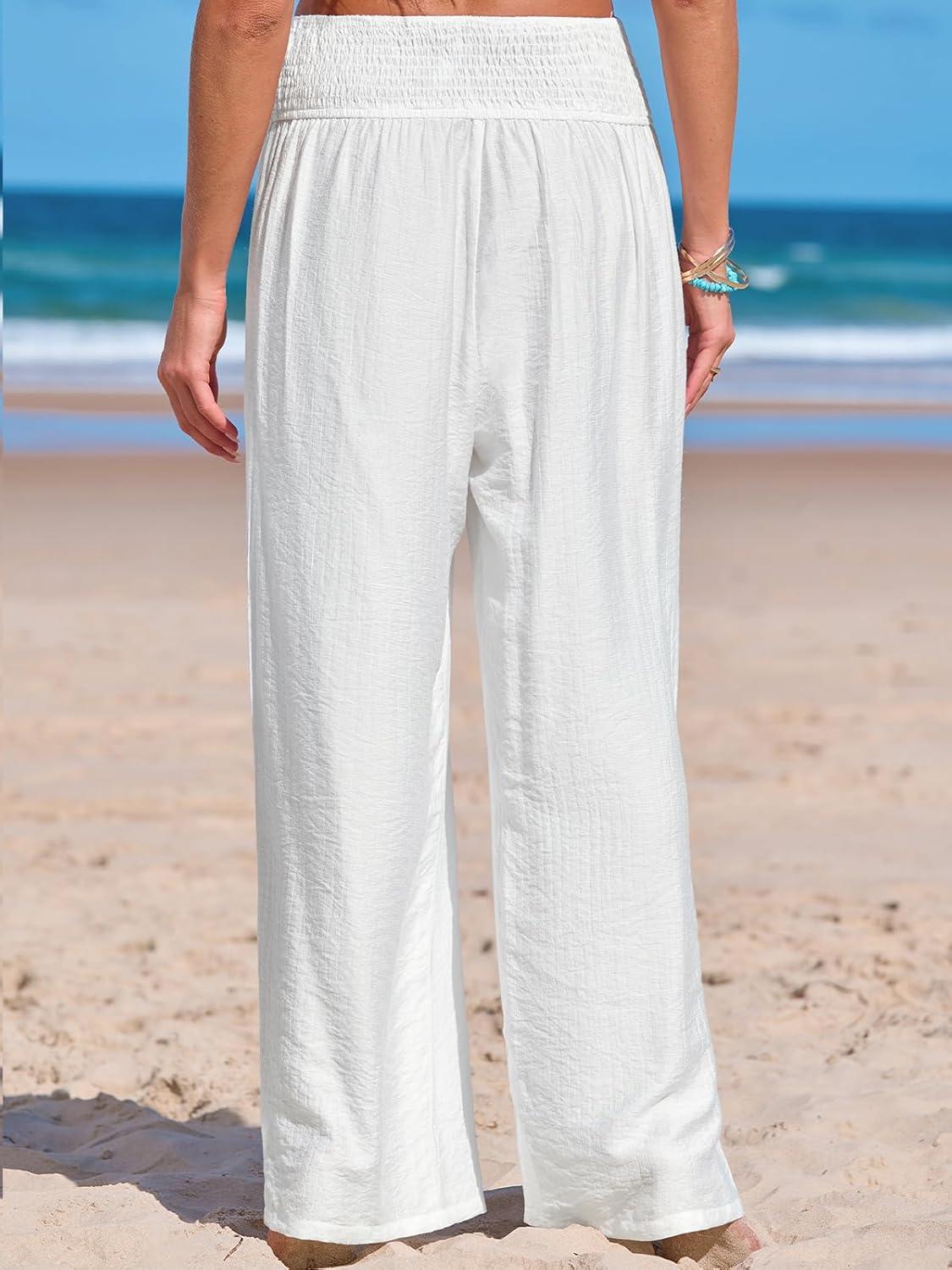 imageCUPSHE Women Swimsuit Cover Ups Pants High Waist Smokced Wide Leg Beach Vacation OutfitsWhite