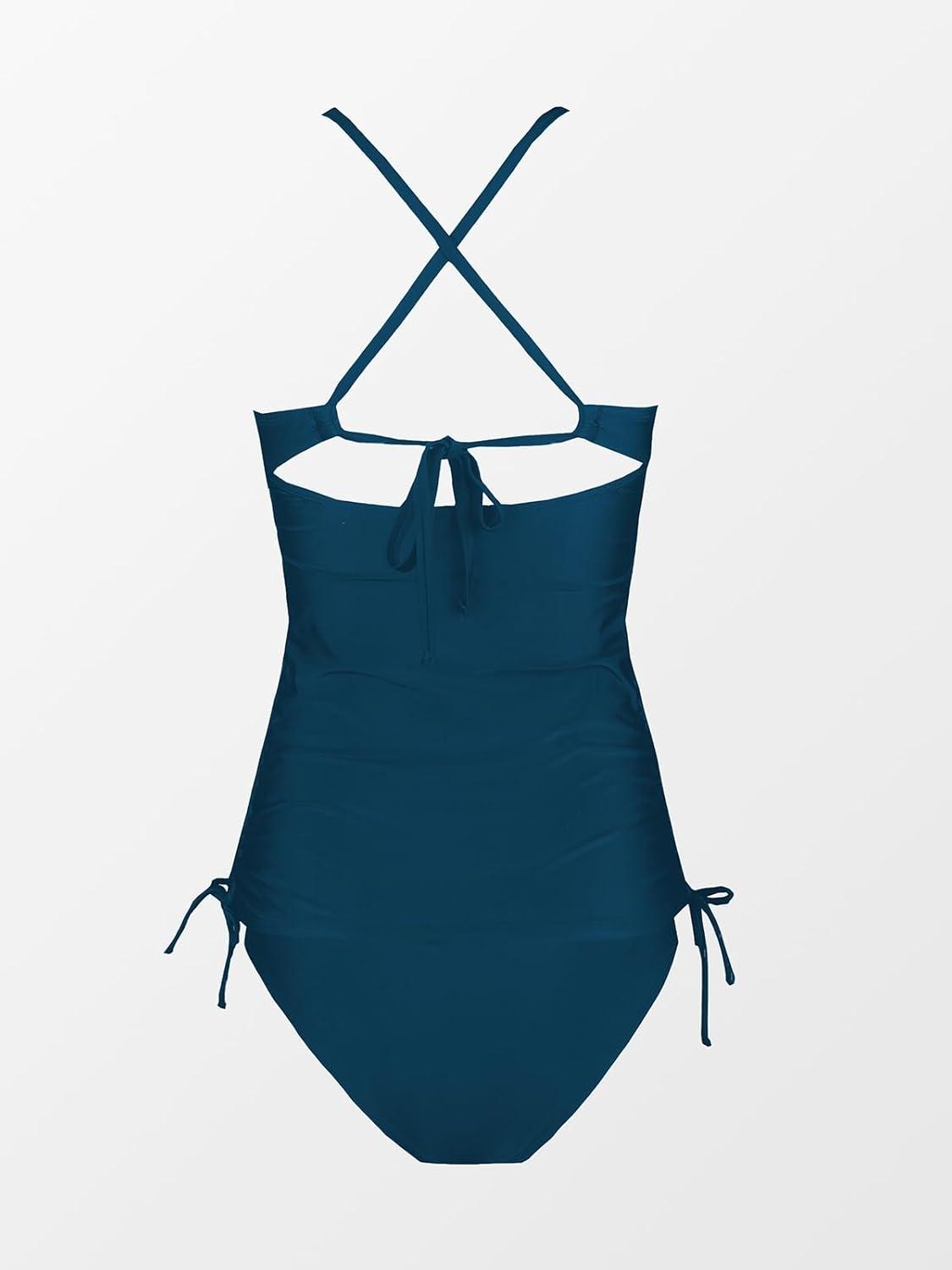 imageCUPSHE Women Swimsuit Maternity Tankini Set Two Piece Bathing Suit Cutout Spaghetti Straps V Neck Drawstring SidesBlue