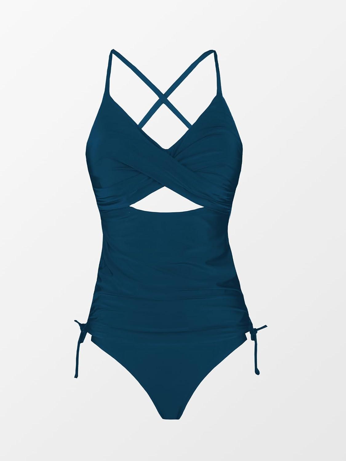 imageCUPSHE Women Swimsuit Maternity Tankini Set Two Piece Bathing Suit Cutout Spaghetti Straps V Neck Drawstring SidesBlue