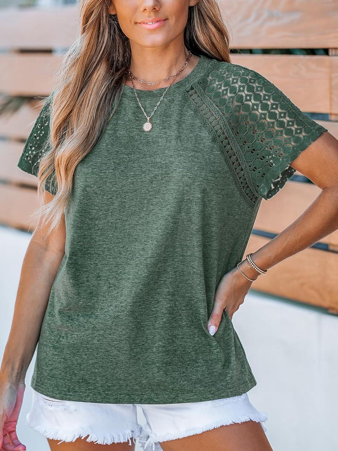 imageCUPSHE Women Tops Short Sleeve Blouses Crewneck Tee Lace Sleeve Tee Shirt CasualGreen